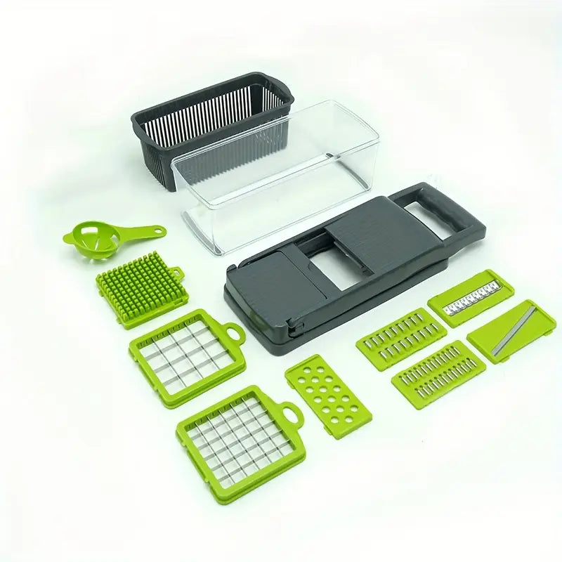 Tagliaverdure, Affettatrice per Frutta Multifunzione, Grattugia per Alimenti con Manico, Affettatrice per Verdure, Taglierina con Contenitore, Tritatutto per Cipolle con Diverse Lame intercambiabili