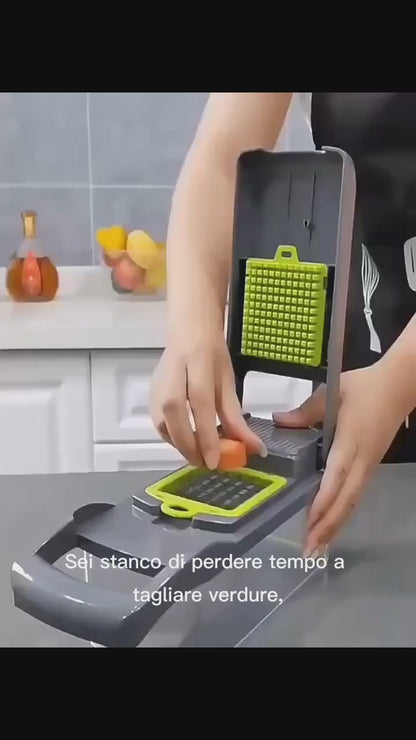 Tagliaverdure, Affettatrice per Frutta Multifunzione, Grattugia per Alimenti con Manico, Affettatrice per Verdure, Taglierina con Contenitore, Tritatutto per Cipolle con Diverse Lame intercambiabili